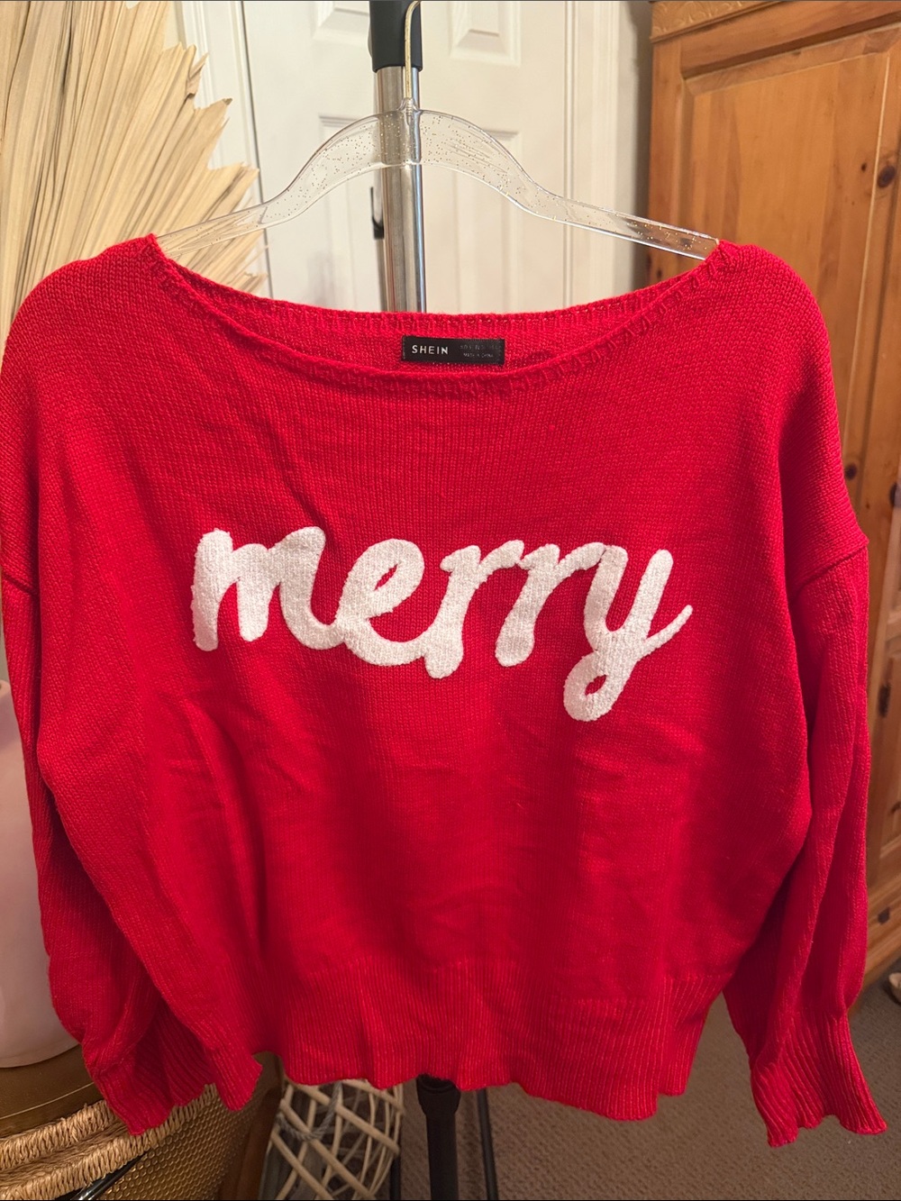 SHEIN Red Crewneck Sweater with White "merry" Script